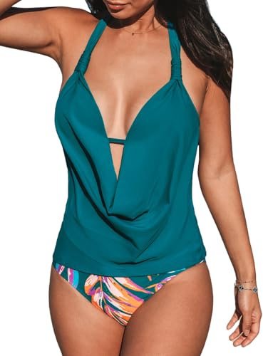 CUPSHE Tankini för kvinnor grimma djup V-hals låg rygg baddräkt badkläder, Blågrön blå/trop, M