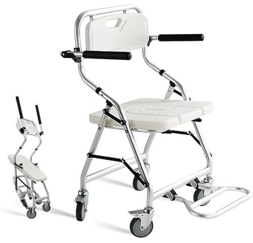 Aocay Sedie per Doccia Anziani e Disabili, Sgabello Doccia Pieghevole, Comoda WC per Anziani con Rotelle, Sedia da Bagno con Braccioli Pieghevoli e Poggiapiedi, Materiale in Lega di Alluminio
