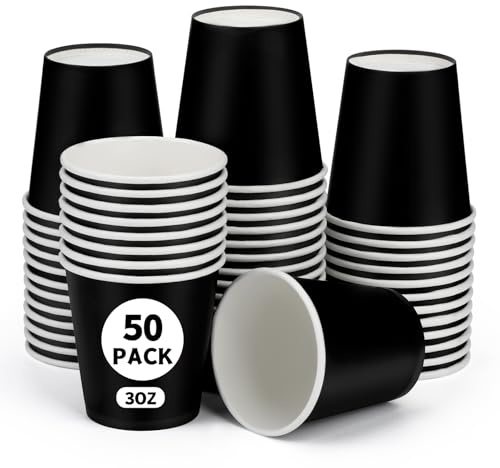 ENCHOL Paquete de 50 vasos de papel de 3 onzas, vasos desechables para baño, vasos de enjuague bucal, mini tazas de espresso, vasos de papel negro desechables de 3 onzas para fiestas, picnic, oficina