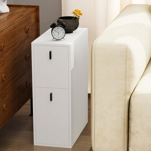 PIPIPOXER Nachttisch mit 2 Schublade Sofatisch Beistelltisch schmal Nachtschrank Weiß, für Schlafzimmer, Wohnzimmer,25x50x70cm,Weiß