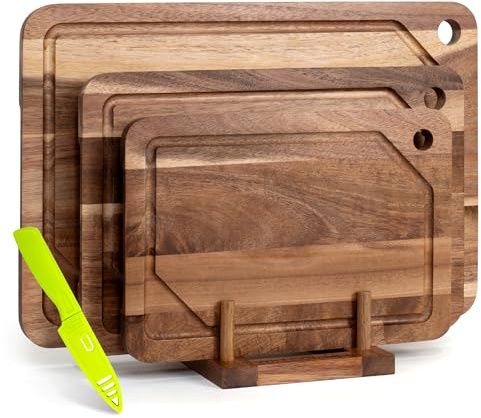 WILLKOMMEN Juego de 3 Tablas de Cortar de Madera de Acacia (37x25/30x20/25x17 cm) con Ranura Antiderrames y Agujeros para Colgar - Tabla de Cocina para Carne, Verduras y Charcutería​