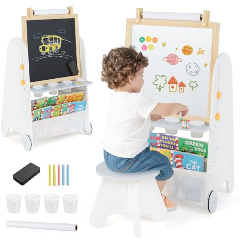 COSTWAY 4 en 1 Tableau Enfant en Bois avec Tableau Noir & Magnétique Réglable, Chevalet d'Art Enfant avec Étagère à Livres & Rouleau de Papier, Table Enfant avec Chaise pour 3 Ans+