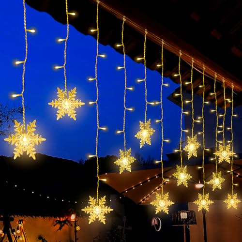 BellaGesundheit Schneeflocke LED Lichtvorhang, 3.6 m Feen Lichter mit 94 Warm White LEDs, 8 Flicker Modes, Wasserdichte Innen/Außen Weihnachtsdekoration für Fenster, Balkon, Party