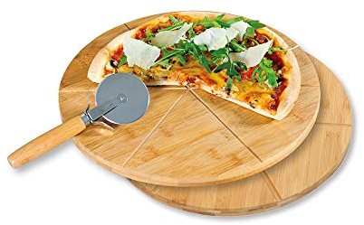 MOON HOME Pizzabrett-Set mit Pizzaschneider - Saturn, 2er Set mit integrierten Linien für einfaches Schneiden, aus nachhaltigem Bambus, mit Schneider aus Edelstahl und Bambusgriff, ⌀ 32 x 1 cm