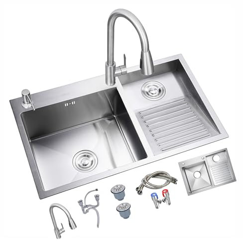 Doppelwaschbecken aus Edelstahl mit Waschbrett und ausziehbarem Wasserhahn, leicht zu reinigen, für Haushalt, Badezimmer, Waschtisch (60 x 48 x 22 cm)