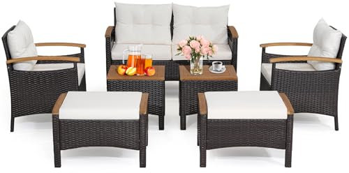 LIFEZEAL Juego de 7 Muebles de Ratán, Grupo de Asientos de jardín con Cojines, 2 Otomanas, 1 Sofá de 2 Plazas, 2 Sofás Individual con Reposabrazos de Madera de Acacia y 2 Mesas de Centro (7 Piezas)
