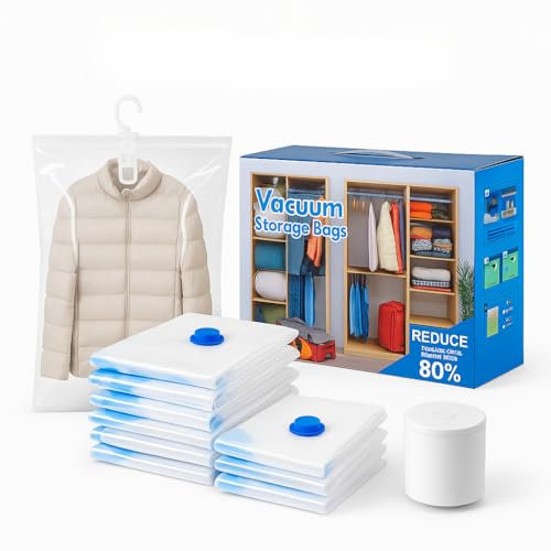 Bolsas al Vacío para Ropa con Bomba Eléctrica – Pack 12 Bolsas incluye 2 Fundas para Abrigos – Ahorra hasta 80% de Espacio – Ideal para Edredones, Viajes, Mudanzas y Orden en Navidad