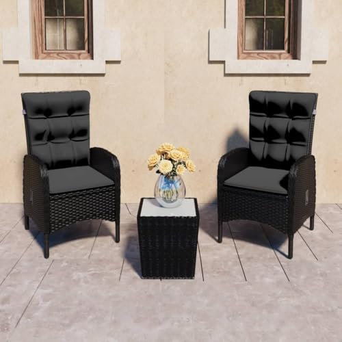 Eleganz 3-TLG. Bistro-Set aus Poly-Rattan & Glas Schwarz - Modernes Gartenmöbel für Terrasse & Balkon - Wetterfest & Pflegeleicht