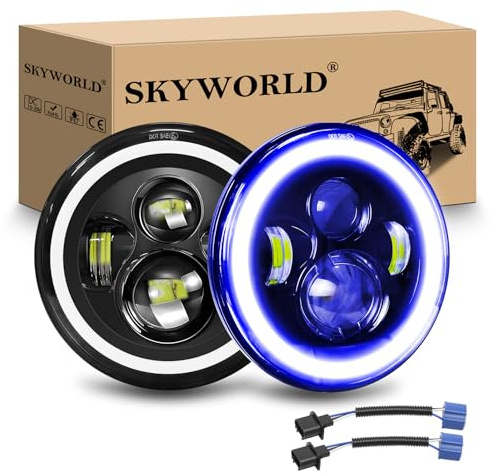 SKYWORLD 2 Pcs Round LED Headlights, 7 Inch LED Headlamp with Blue Halo | Turn Signal White DRL High/Low Beam 4 LEDs 50W Angle Eyes Compatible with Wrangler JK LJ CJ TJ Motorbike Motorcycle