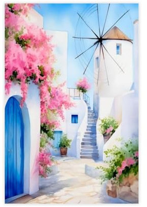 OVUQF Mykonos Windmühlen, Aquarelldruck, Griechenland, Reisegeschenk, Leinwand, Poster, Schlafzimmer, Dekor, Bild, Gemälde, 30 x 45 cm