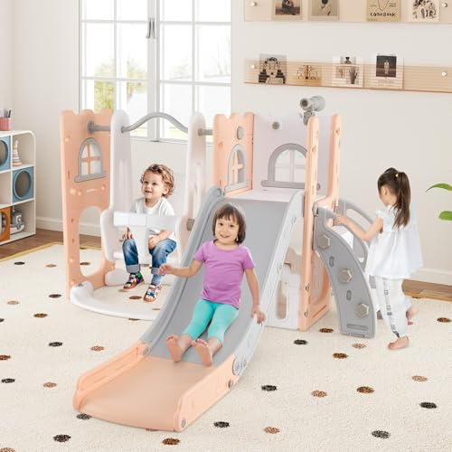 GOPLUS 7 en 1 Toboggan Interieur Enfants, Aire de Jeux avec Échelle, Panier de Basket, Balançoire, Télescope, Espace Rangement,pour Garçons, Filles de 1 à 3 Ans (Rose)