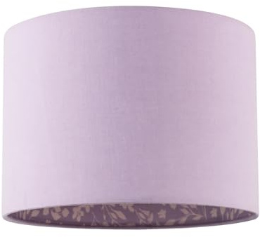 Contemporary Designer Lilac Cotton Fabric Drum Lamp Shade with Inner White Floral Pattern Lining | 25cm x 18cm | for Pendant or Lamp Base by Happy Homewares
