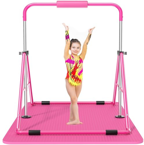 Safly Fun Barre de gymnastique enfants réglable et pliable avec tapis & coussinet, barre d’entraînement intérieure extérieure pour filles garçons