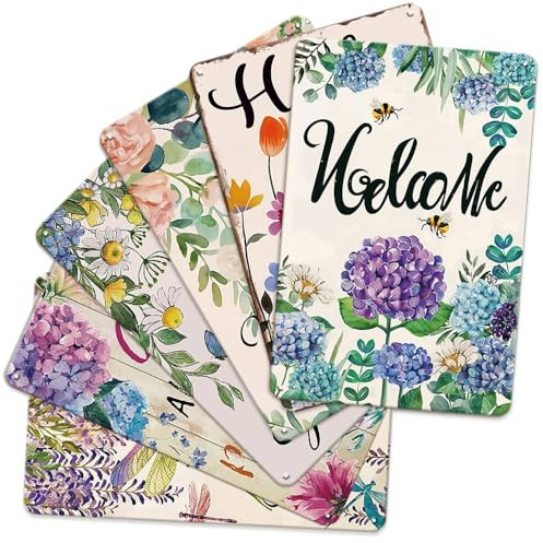 Posteration Hello Spring Flower Colorful Flowers 6Pcs Set Spring Hanging Wear-Resistant And Durable Iron Signs Not Easy To Deform Metal Tin Sign For Garage Garden Orchard 20X30Cm