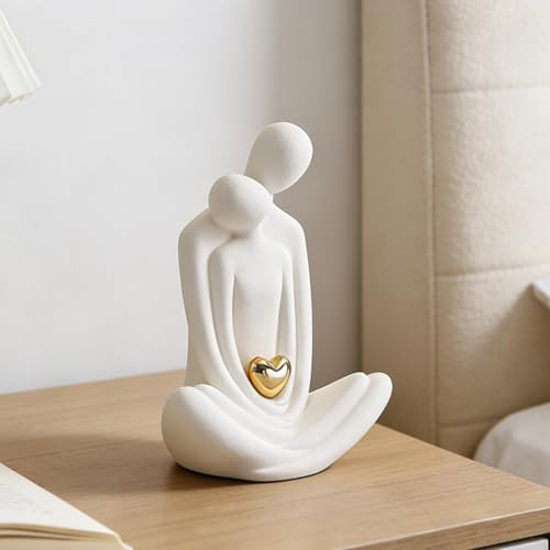 GOEDCH Romantic Couple Statua - Statuetta in ceramica con cuore bianco e oro, per decorare il soggiorno