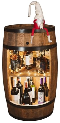 CREATIVE COOPER Holzfass Bar mit Weihnachtszwerg – Rustikales Weinfass Regal mit LED, Massivholz Barschrank, Fass Deko für Wohnzimmer & Weihnachtsdekoration, Höhe 80 cm, Platz für 40 Flaschen