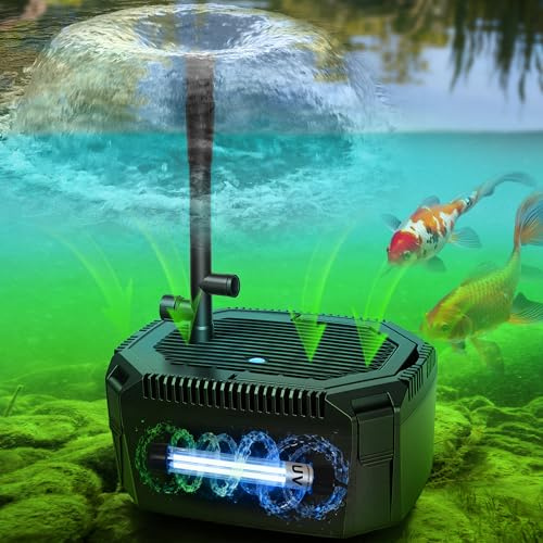 Juego de fuente de filtro de estanque con potente luz UV de 18 W para control de algas Koi, bomba potente 660 GPH 42W, bomba incorporada para estanque de 1500 galones, decoración de 3 patrones de agua
