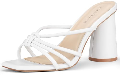 LOOPCHARM Women's Strappy Square Open Toe Slip On Block High Heels Sandals 3.5 Inch Mule Style Dress Shoes for Party Wedding,White Pu,9