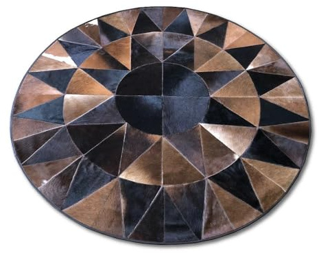 Round Cowhide Patchwork Rug 5ft x 5ft (152 cm x 152 cm) – Brown & Black Hair On Leather Area Rug – Handmade Natural Cow Skin Floor Mat