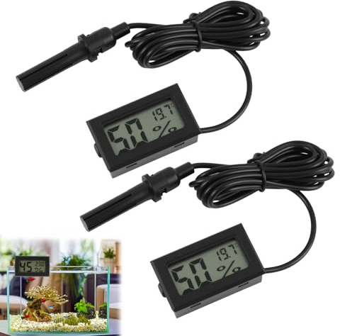 Reptile Thermometer Hygrometer With Probe, 2 Pack Hygrometer Humidity Meter Temperature Gauge For Reptiles, Reptile Accessories For Terrariums Incubators Tanks, Mini LCD Probe Thermometer Black