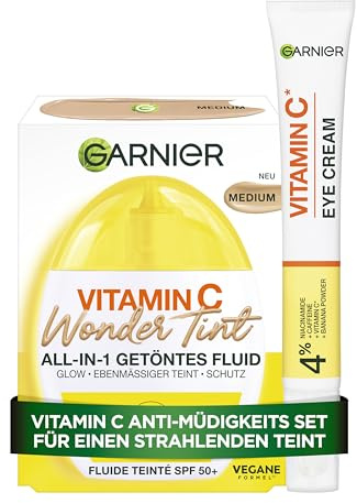 Garnier Vitamin C Anti-Müdigkeits Set – Routine mit Glow Booster Augencreme gegen Augenringe & Wonder Tint Getöntem Fluid Medium LSF 50+ – Pflegeset für eine wache Augenpartie & strahlenden Teint