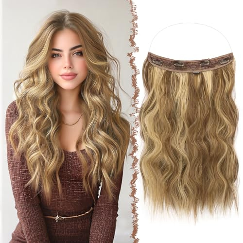 FESHFEN Secrets Haare Extensions Lange Gewellt Blond Haarverlängerung Invisible Secret Haarextension Synthetik Haare Unsichtbarem Haarteile für Frauen, Sonnengeküsste Strähnen 50 cm