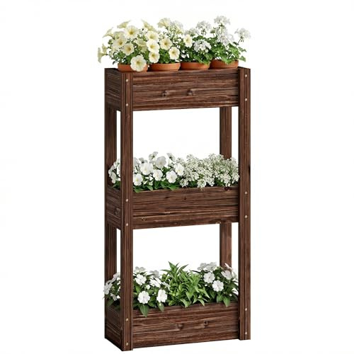 Outsunny 3-Tier Wooden Raised Planter with Drainage Holes, 60 x 25 x 120 cm | Raised Garden Bed on Legs, Bed Liner, Outdoor Elevated Garden Planter, for Vegetables, Herbs, Flowers
