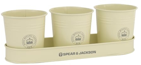 Spear & Jackson Kew Gardens Urban Oasis Pflanzgefäß Set 3-teilig mit Abtropfschale, verzinkter Stahl, Kräutertöpfe für Fensterbank & Innenbereich, Crème