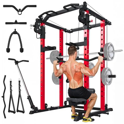 YODOLLA Mixte Cage Musculation|Cage à Squats|Barre Traction|Barre de Dips | Traction musculation avec système Cable Crossover,Machine musculation avec Landmine,Couleur Rouge.907KG