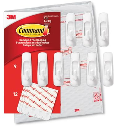 Command Medium Utility Hooks, 9 Wall Hook and 12 Strips, Damage-Free Hanging with Adhesive, No Tools Great for Hanging, Organization and Storage, Holds up to 3 lb