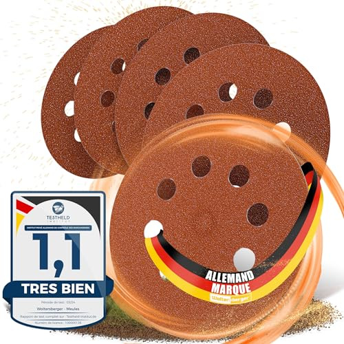 Woltersberger® 50 pièces Disques Abrasifs Rouge │ 8 trous │ Ø 125 mm │ grain 800 │ pour ponceuses orbitales aléatoires │ feuilles abrasives │ papier de verre