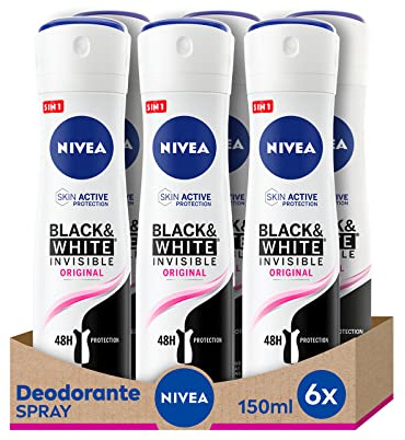 NIVEA Black & White Invisible Original Spray 6 x 150 ml, Deodorante Donna Efficace 72h, Deodorante Spray Antitraspirante Contro Odori, Sudore, Residui, Irritazioni e Macchie su Tessuti Chiari e Scuri