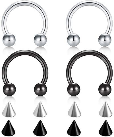 D.Bella 14G Chirurgenstahl Nase Septum Hufeisen Augenbraue Lippe Bauchnabel Piercing 10mm Helix Tragus Daith Rook Ohrringe mit Ersatz Spikes Silber und Schwarz