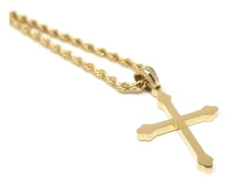 Collar con colgante de cruz de oro 18K, cadena de cuerda 3 mm, regalo para hombre y mujer, bautizo, religioso, cierre sólido, Oro 18K