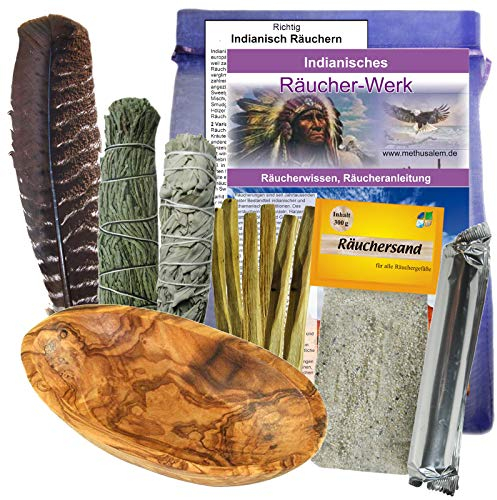 Smudge Kit & Bowl (S) Wurzel Holz RÄUCHERSCHALE 16-TLG Set mit Räucherwerk SAGE Salbei Zeder Palo-Santo zum RÄUCHERN für Hausreinigung & Rauhnächte + Räucherfeder + ZUBEHÖR. 81007-7S