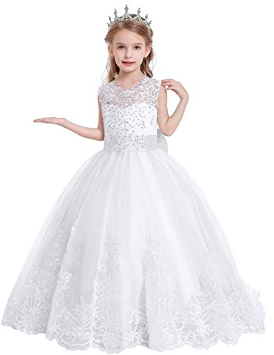 REXREII Flower Girls Lace Applique Wedding Tulle Dress Sleeveless First Communion Birthday Christmas Party Dance Ball Gown White 10-11 Years