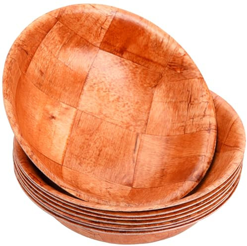 Elsjoy 8 Pack Wooden Woven Salad Bowl, 8 Inch Stackable Round Wood Serving Bowl, Rustic Mixing Bowl for Salad, Fruits, Vegetables, Natural Birch Wood