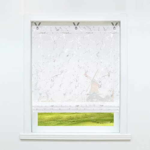 CORLIF Raffrollo mit Ösen Voile Küche Transparente Raffgardine mit Hakenaufhängung Kleinfenster Vorhang mit Foliendruck Weiß Marmoriertes Muster Modern BxH 80x130cm 1 Stück