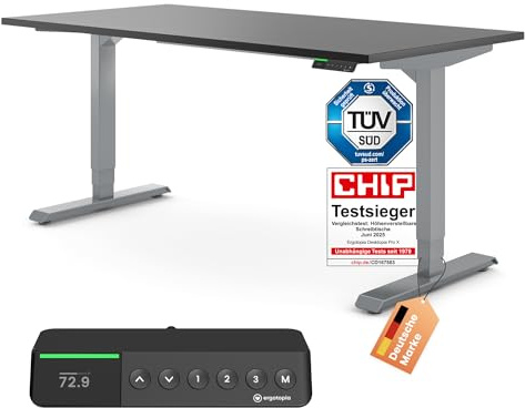 Ergotopia Desktopia Pro X Elektrisch höhenverstellbarer Schreibtisch, Ergonomischer Stehtisch für Büro oder Home Office (Schwarz, Gestell Grau, 180 x 80 cm)