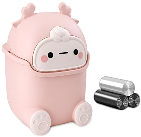 QLFJ-FurDec Cute Desktop Trash Can Wastebasket with 90 Trash Bags, Creative Tiny Countertop Garbage Can with Flip Lid, Small Plastic, Pink