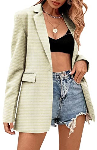 Febriajuce Blazer décontracté à manches longues et revers surdimensionné pour femme, Z2-Beige pied-de-poule, Small