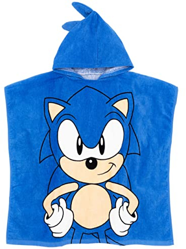 Sonic The Hedgehog Kids Towel Poncho | Blue Gaming Bath Towel with 3D Spiked Hair | Swimming Swimwear Beach Graphic Changing Robe for Boys or Girls | Gamer Merchandise Gift for Children