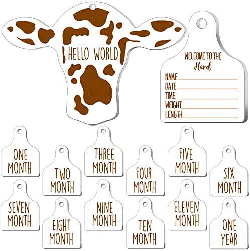 Maitys 14 Pieces Cow Baby Monthly Milestone Cards Rustic Wooden Ornament Herd Signs Cattle Newborn Photography Props to Record Your Baby's Growth, Gift for Pregnancy and Baby Shower (White)