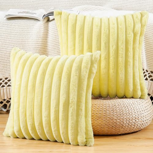 Madizz 2er Set Kunstpelz Plüsch Dekorative Kissenbezüge Flauschig Gestreifte Weich Dekorative Kissenbezug für Sofa Schlafzimmer Kissen Shell Gelb 40 x 40 cm