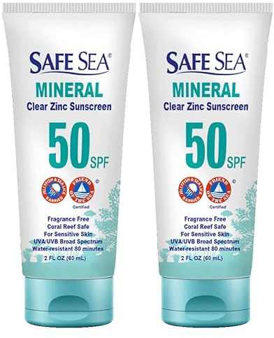Safe Sea Zinc Oxide Sunscreen SPF50 | Clear Mineral Face Sunscreen Without White Cast | Anti-Jellyfish Sting Protective Lotion | Coral Reef Safe | Travel Size - 60ml (2 tubes)