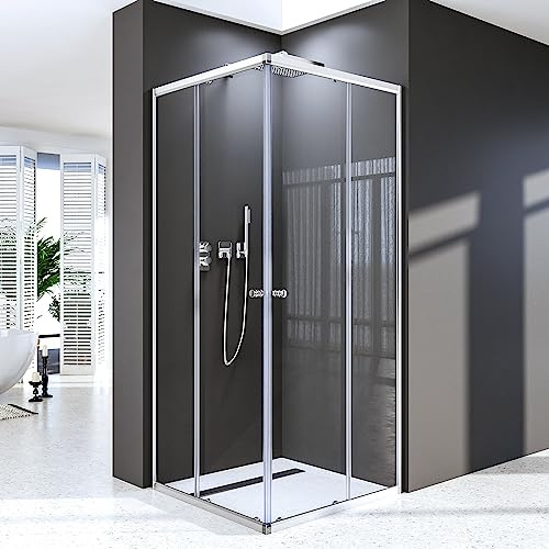 Duschkabine Eckeinstieg mit Schiebetüren 75x90 cm Duschkabine Eckeinstieg Doppel Schiebetür 6 mm ESG Sicherheitsglas Höhe 185 cm, Montage auf Duschwanne Oder Fliese,Silber, Ohne Duschwanne
