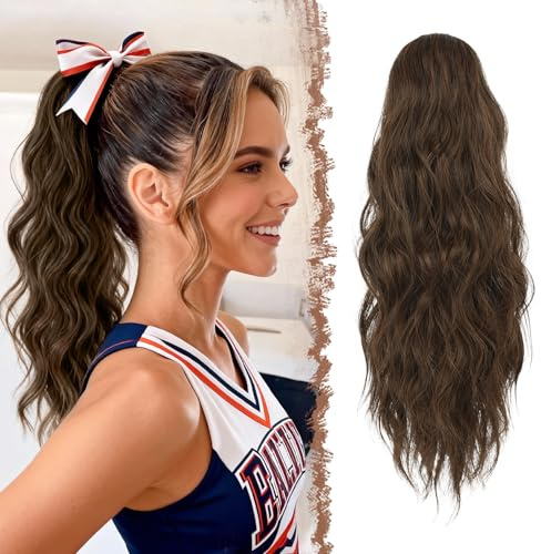 FESHFEN Pferdeschwanz Haarteil mit Kordelzug, 45 cm Wellen Zopf Pferdeschwanz Verlängerung Haare Extension Synthetik Lang Wellig Haarverlängerung für Damen, Braun und hellkastanienbraun gemischt