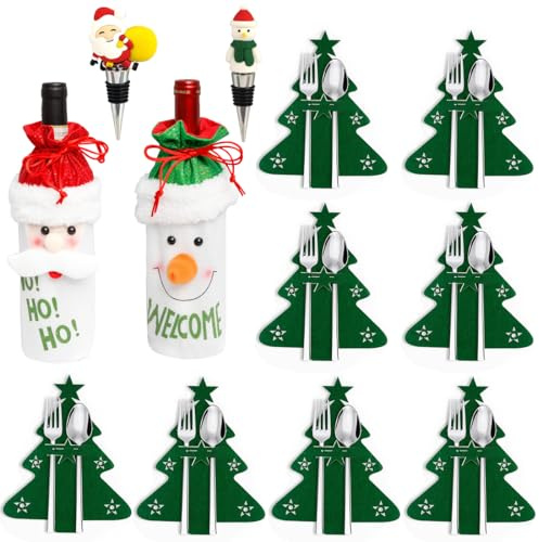 FRUMOASE 12 Stück Besteckhalter Weihnachten, Weihnachten Bestecktasche, Weihnachtsbaum Besteckbeutel, Weihnachtsmann Schneemann Weinbeutel, Weinflaschenverschluss Champagner, Tischdeko Weihnachten