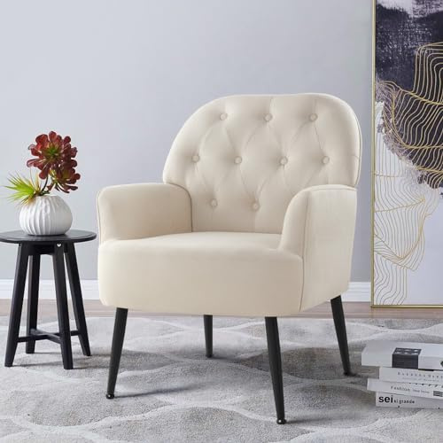 IWMH Fauteuil Salon Scandinave en Velours, Fauteuil 1 Place Confortable avec Rangement, Petit Chaise de Loisirs avec Accoudoirs, Pieds en Métal pour Chambre, Coiffeuse, Salon (Beige)
