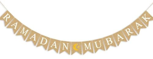 Ramadan Muslim Banner, Jute Ramadan Kareem Banner, Eid Mubarak Dekoration Mit Glitzer Stern Mond Eid Mubarak, Partyzubehör für Muslim Islam Ramadan Dekoration (A)